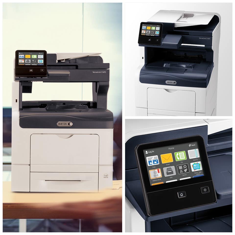 Two Xerox VersaLink® C415 colour laser printers and screen look